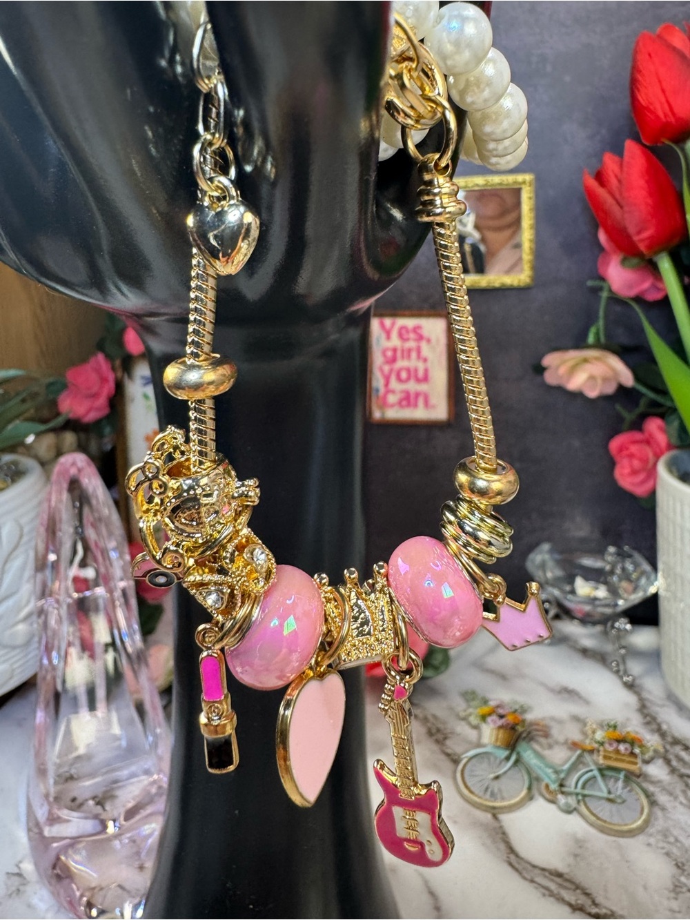 Pink Enamel & Gold Charm Bracelet with Beads and Guitar Charm